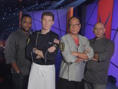 Iron Chef Bobby Flay and Chef Anthony Anders, and Iron Chef Bobby Flay, team up against Iron Chef Masaharu Morimoto,  and Chef Simon Majumdar in studio kitchen, during the "bar food" theme battle, as seen on Food Network’s Iron Chef America.