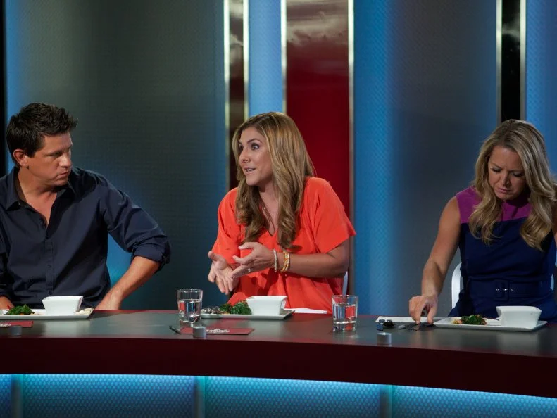 Judges Troy Johnson, Lorena Garcia, and Melissa D'Arabian during the judging part of Game 2, No Carts Allowed, Soup and a Sandwich, as seen on Food Network's Guy's Grocery Games, Season 1.