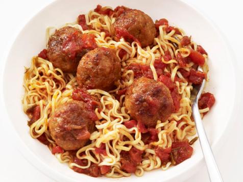 Pork Meatballs with Soy-Ginger Tomato Sauce and Ramen Noodles