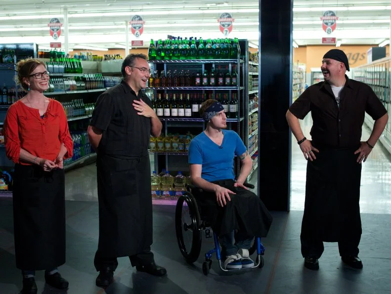 Chefs Lori Hill, Stephan Germanaud, Chris Bales, and Luca Paris during the judging of Game 1, Grocery List, Best Egg Dish, 30 min cooking time, as seen on Food Network's Guy's Grocery Games, Season 1.