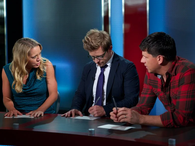 Judges Melissa D'Arabian, Richard Blais, and Troy Johnson during the judging of Game 3, Grocery Bag secretly Bag Swap after shopping, Holiday Celebration, 1 main dish and 2 sides, 4 min to shop and 35 min cooking time, as seen on Food Network's Guy's Grocery Games, Season 1.