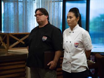 Seonkyoung Longest and Adam Goldgell receive instructions for their final challenge at M Resort and Casino in Las Vegas, NV as seen on Food Network's Restaurant Express, Season 1.