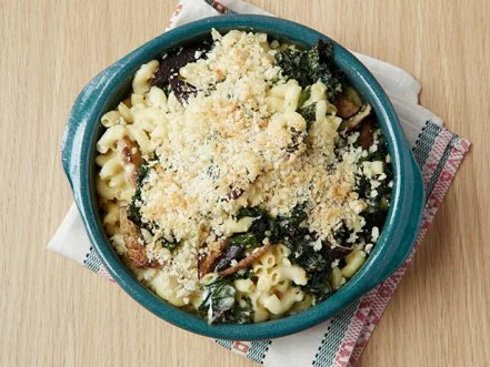 Creamy Baked Macaroni and Cheese with Kale and Mushrooms