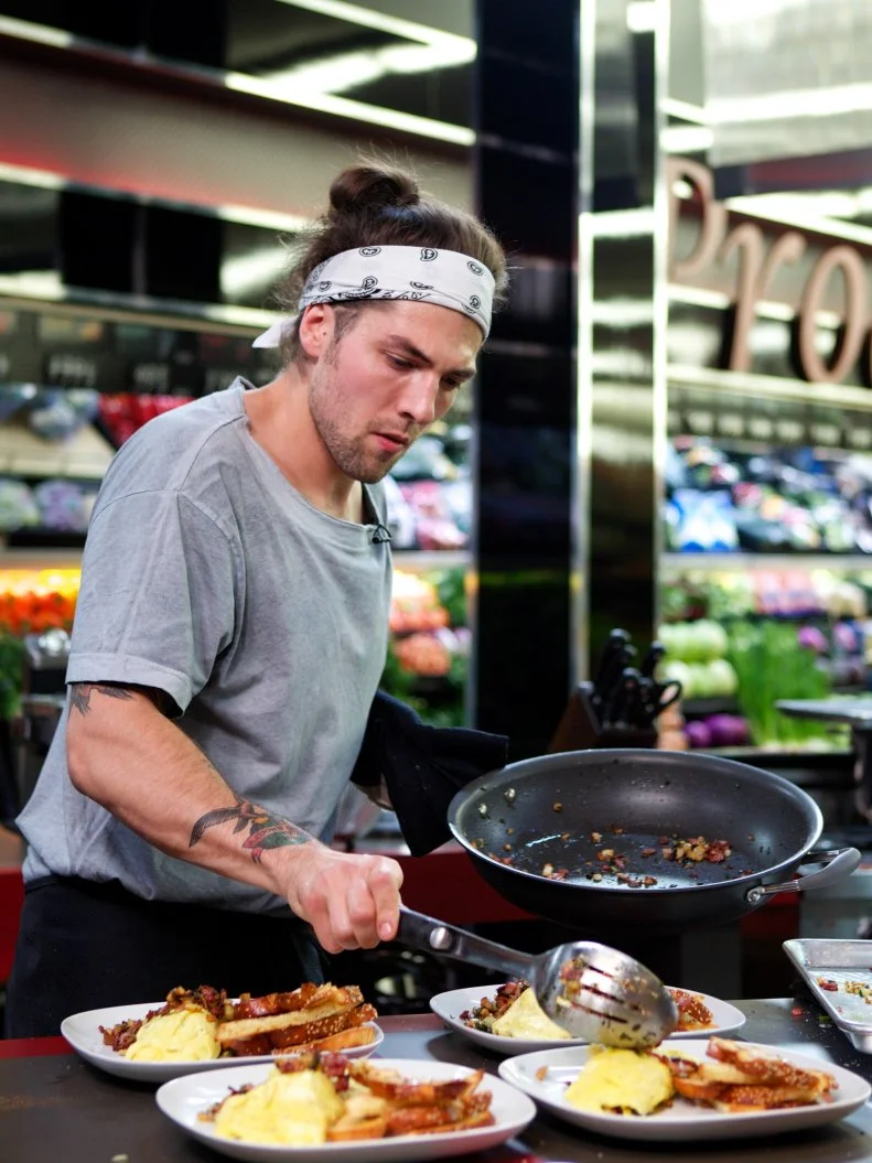 Chef Samuel Monsour during the cooking part of Game 3, No Carts Allowed, Breakfast, 35 minute time limit, as seen on Food Network's Guy's Grocery Games, Season 1.