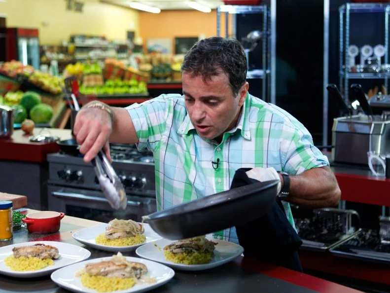 Chef David Aflalo during the cooking part of Game 3, 5 Ingredients Or Less, Upscale Chicken Dinner, 35 min cooking time, as seen on Food Network's Guy's Grocery Games, Season 1.