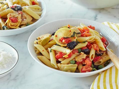 Penne with Baby Artichokes, Black Olives and Peas