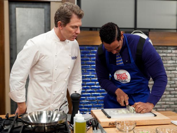 Chef Bobby Flay checks in with Chet Pourciau while he works to recreate Chef Bobby Flay's Crispy skin black sea bass with avacado, tomatillo and  fennel relish , as seen on Food Network's Worst Cooks in America, Season 4