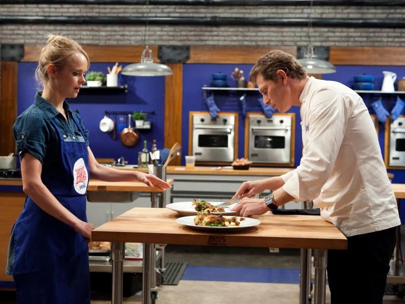 Chef Bobby Flay tasting and reacting to Alina Bolshakova's attempt to recreate the Chef's Chicken Chasseur (Hunter-style Chicken) with Creamy Polenta with Gruyere and Parmesan, As seen on Food Networks Worst Cooks in America, season 4