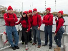 The Red Team (L-R) Dr. Bob Schaefer, Crystal Lonneberg, Sue Mangogna, Michael Hayden, Aadip Desai and Rasheeda Brown onboard the Brooklyn IV and ready to fish for their ingredients,, as seen on Food Network's Worst Cooks in America, Season 4