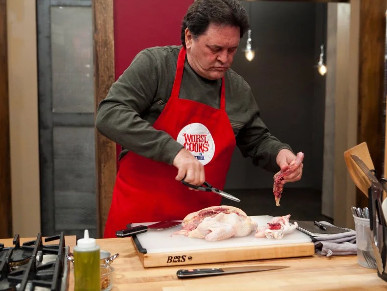 The red teams Dr. Bob Schaefer begins to break down his whole chicken, he will try to recreate Chef Annes Chicken Scarpiello with Soft Parmigiano Polenta, As seen on Food Networks Worst Cooks in America, season 4