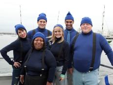 The Blue Team (L-R): Carrie Lee Rigigns, Carla Johnson, Alex Stein, Alina Bolshakova, Chet Pourciau and "Big" Mike Paul onboard the Brooklyn IV ready to fish for their ingredients, , as seen on Food Network's Worst Cooks in America, Season 4