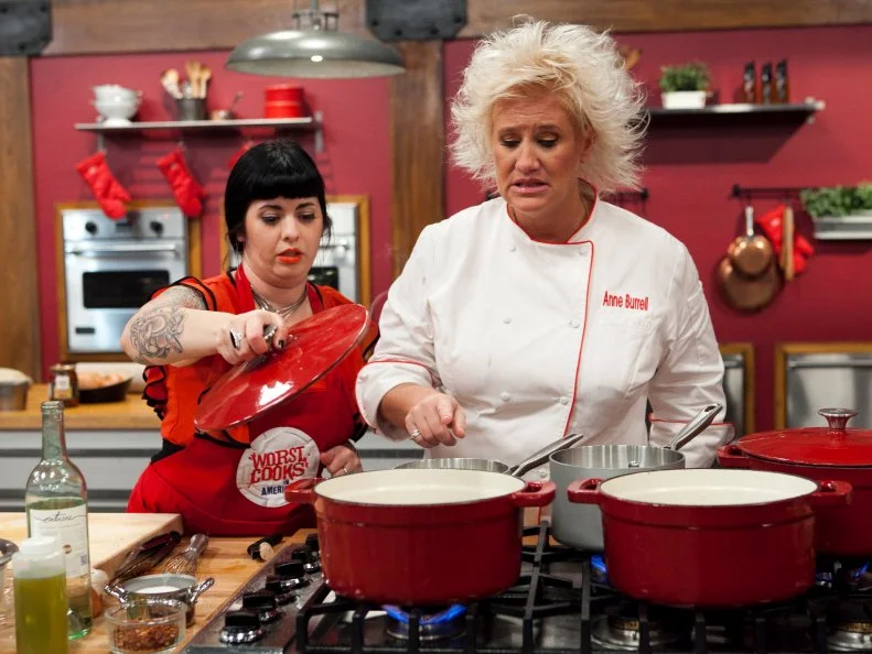 Chef Anne Burrell checks in with Crystal Lonneberg while she tries to recreate Chef Annes Chicken Scarpiello with Soft Parmigiano Polenta, As seen on Food Networks Worst Cooks in America, season 4