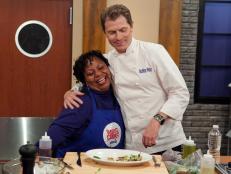 Carla Johnson reacting to Chef Bobby Flay's approval of her attempt to recreate the Chefs Crispy Skin Sea Bass with Avacado, Tomatillo and Fennel relish, as seen on Food Networks Worst Cooks in America, season 4