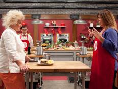 Chef Anne Burrell tasting Sue Mangogna's personal take on the Hamburger, as seen on Food Networks Worst Cooks in America, season 4.