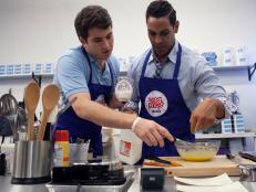 Alex Stein and Chet Pourciau of the Blue team work on their gelato during the gelato and waffle cone challenge, as seen on Food Networks Worst Cooks in America, Season 4