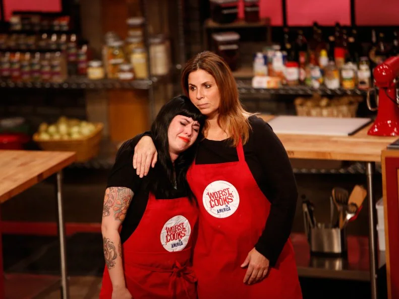 Red Team Recruit Crystal Lonneberg tearfully announces that she has to leave the show or she will lose her job after it is announced that she is safe from elemination after the Cake Bake Off Challenge.  The fact that she has to turn in her apron saves Suzanne Mangogna from being eliminated, as seen on Food Network's Worst Cooks in America, Season 4.