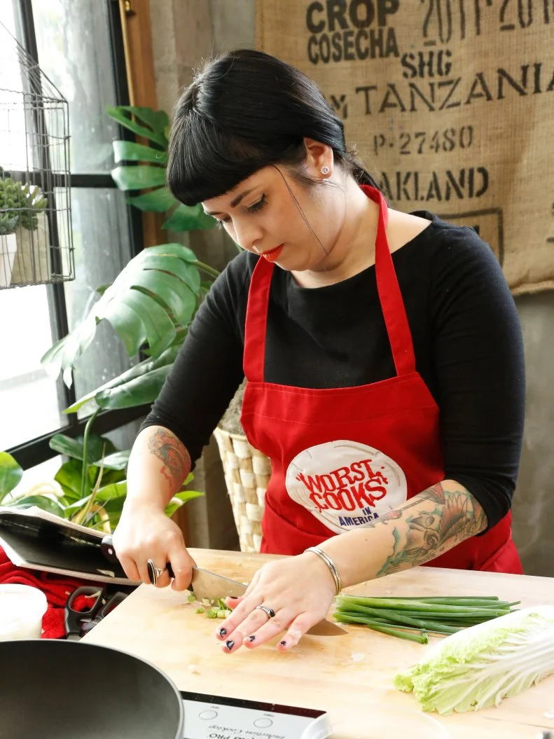 Worst Cooks In America Team Red Team Recruit Crystal Lonneberg prepares Shrimp Fried Rice for the "Take On Take Out" challenge. Chef Anne and Chef Bobby arrived at the recruit's house to find the recruits had been ordering take out food instead of cooking, and now they must race to replicate Chinese food recipes before the food deliveryman gets to the house, as seen on Food Network's Worst Cooks in America, Season 4.