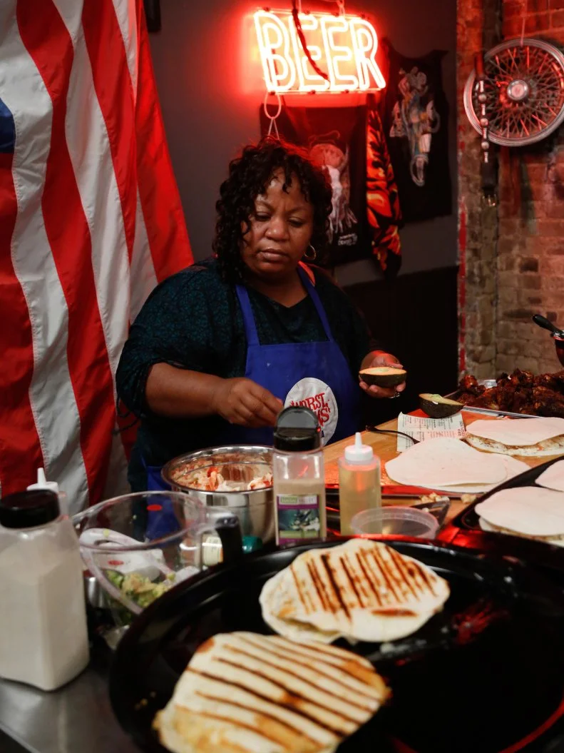 Blue Team Recruit Carla Johnson prepares "Ride or Die" Lemon Pepper Chicken Wings flavored with grated lemon, lemon juice, lemon pepper, onion powder, garlic powder, salt and pepper. Her second appetizer is Lobster-Toasted Garlic Quesadillas with Brie Cheese- something she is having a very hard time making! The recruits must prepare a variation of Chef Bobby's Red Chile Chicken Wings with Chipotle Honey Glaze and an additional appetizer for a party for hungry bikers- a tough crowd to please, as seen on Food Network's Worst Cooks in America, Season 4.