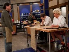 Chef Anne and Chef Bobby react to seeing Dr. Bob Schaefers "chili" dish before they pick which recruits will be on which team, as seen on Food Network's Worst Cooks in America, Season 4