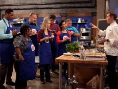Chef Bobby Flay demonstrates for the Blue team how to make Tenderloin of beef with a mushroom, mustard and red wine sauce
as well as Buttermilk-bacon smashed potatoes, Roasted red potatoes and Yukon gold hash, as seen on Food Networks Worst Cooks in America, season 4