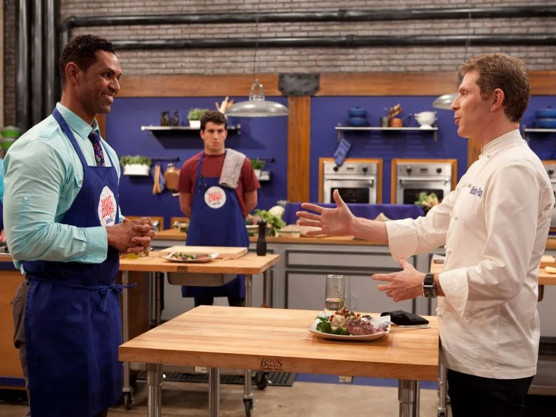 Chef Bobby Flay tasting  Chet Pourciau's attempt to make Chef Flay's recipe for Tenderloin of beef with a mushroom, mustard and red wine sauce as well as Buttermilk-bacon smashed potatoes or Roasted red potatoes or Yukon gold hash. The recruits were each given sacks of potatoes and a card telling them which pototo recipe they were to make, as seen on Food Networks Worst Cooks in America, Season 4