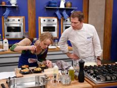 Blue Team Leader Chef Bobby Flay coaches Blue Team Finalist Alina Bolshakova during the final skill drill: a practice run of her finale menu and Alina's final chance to learn from Chef Bobby before she must prepare this meal with no hands on help from Chef Bobby. They are starting with her desert course so the bread pudding can cook while she prepares the rest of the meal.
Alina's menu is:
Appetizer -
Lobster Scampi over Creamy Polenta with Garlic Chips
Main Dish -
Spice Rubbed Pork Tenderloin with Roasted Brussels Sprouts, Jalapeno Pesto and Pomegranates, and hazelnuts.
Dessert -
Granny Smith Apples and Ginger Bread Pudding with Vanilla Bean Creme Anglaise
 At the final cook off Alina must represent her team leader Chef Bobby Flay and prepare a three course restaurant-quality meal for a panel of distinguished chefs and food critics.  Only one winner will take home the $25,000 prize, and Chef Bobby is confident Alina will be the first Blue Team winner, as seen on Food Network's Worst Cooks in America, Season 4.