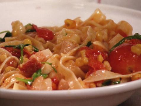 Tagliatelle with Bacon, Burst Cherry Tomatoes and Arugula