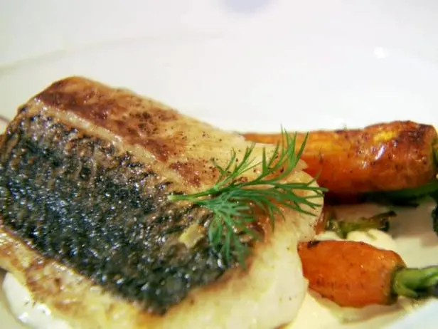 Striped Bass and Preserved Lemon Dressing with Grilled Carrots Recipe | Food Network