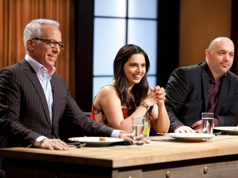 Geoffrey Zakarian, Maneet Chauhan, and Chris Santos taste and judge, as seen on Food Network’s Chopped All Stars, Season 14.
