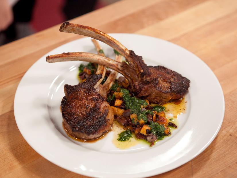 Chef Bobby Flay's lamb chop dish prepared using the descriptions given to him by the Blue Team via headset, as seen on Food Networks Worst Cooks In America, Season 4.