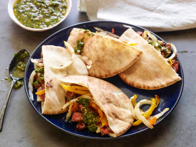 Skirt Steak Fajita Pita with Chimichurri Recipe Jeff Mauro Food Network