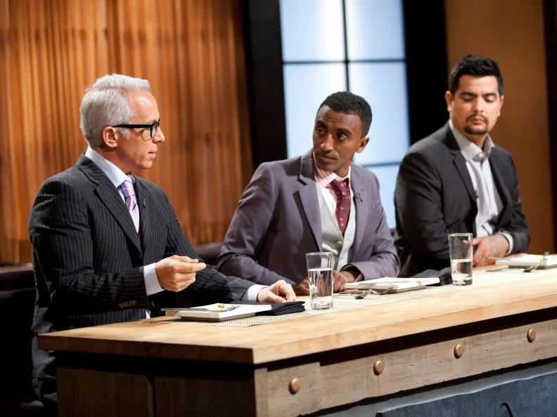 Geoffrey Zakarian, Marcus Samuelsson, and Aaron Sanchez judge their fellow judge's food, as seen on Food Network’s Chopped All Stars, Season 14.
