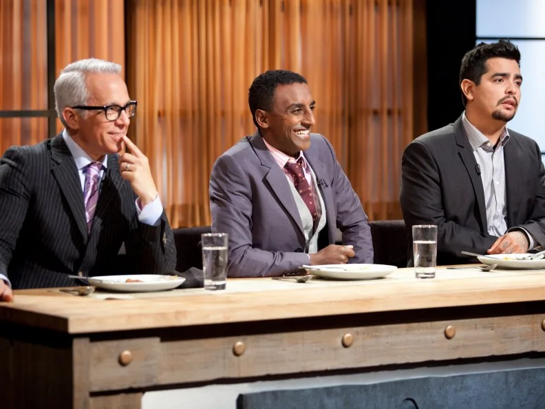 Geoffrey Zakarian, Marcus Samuelsson, and Aaron Sanchez judge their fellow judge's food, as seen on Food Network’s Chopped All Stars, Season 14.
