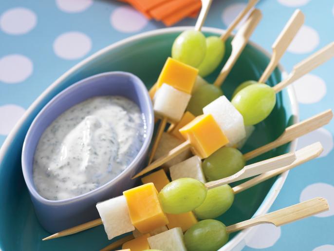 Grape, Cheddar and Jicama Skewers with Cilantro Lime Dipping Sauce