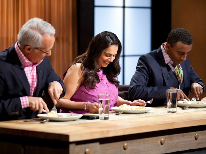Geoffrey Zakarian, Marcus Samuelsson, and Maneet Chauhan taste and judge, as seen on Food Network’s Chopped All Stars, Season 14.
