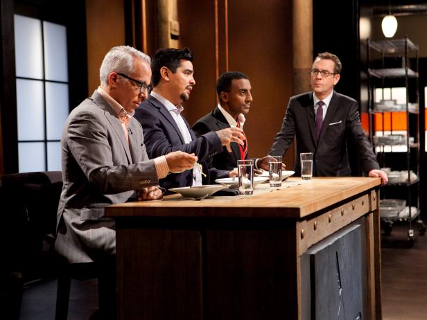 Host Ted Allen and judges: Geoffrey Zakarian, Aaron Sanchez and Marcus Samuelsson during judging and tasting, as seen on Food Network's Chopped All-Stars, Season 14.