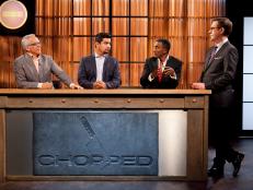 Host Ted Allen and judges: Geoffrey Zakarian, Aaron Sanchez and Marcus Samuelsson deliberate over the appetizers of the All-Star Chefs, as seen on Food Network's Chopped All-Stars, Season 14.