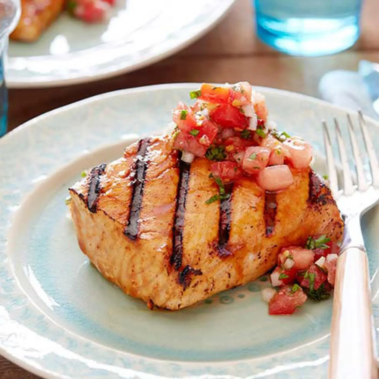 Grilled Salmon with Sherry Vinegar-Honey Glaze and Spicy Tomato