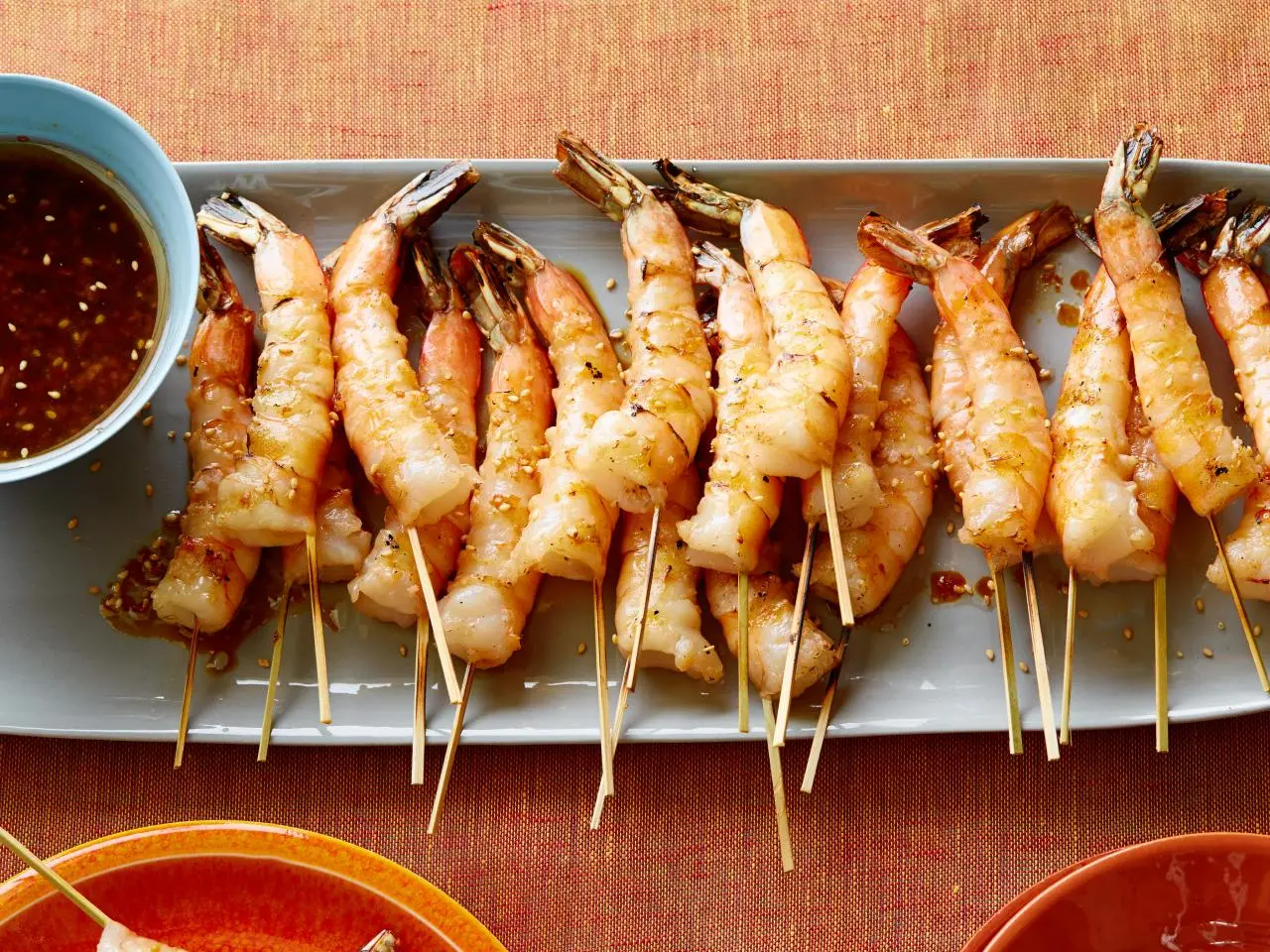 Grilled Shrimp Skewers with Soy Sauce Fresh Ginger and Toasted Sesame Seeds