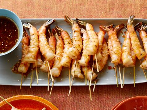 Grilled Shrimp Skewers with Soy Sauce, Fresh Ginger and Toasted Sesame Seeds