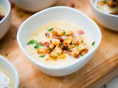 Food Network Star Finalist Nikki Dinki's entree for the Star Challenge "Impressing the Network and FN Fans":  Potato cauliflower parsnip soup topped with potato pancetta hash as seen on Food Network Star, Season 9.