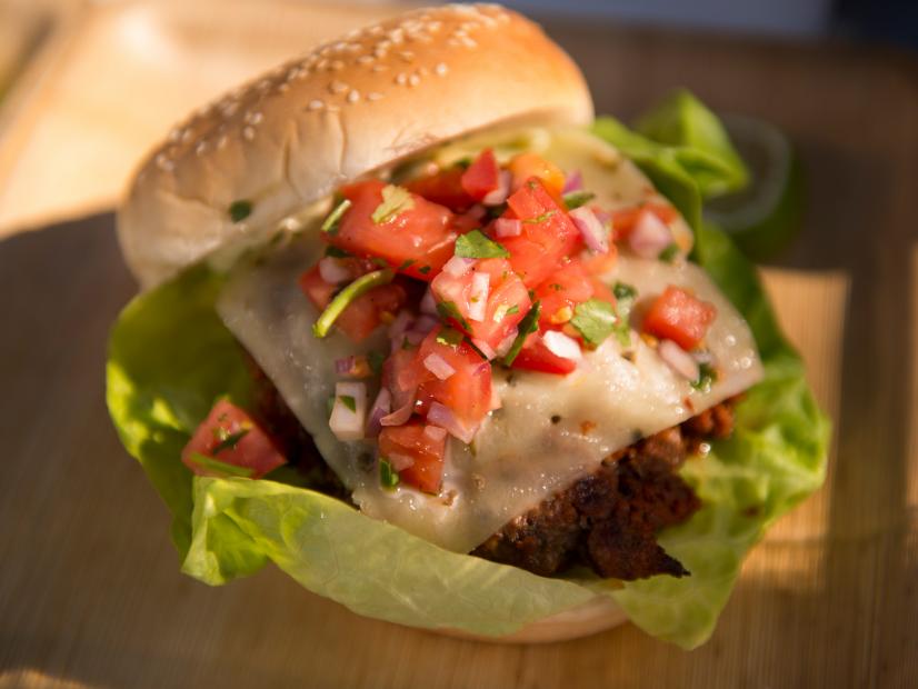Food Network Star Finalist Stacey Poon Kinney's entree for the Star Challenge "Burger Bash": Baja Betty Burger with Chorizo/beef burger with jalapeno aioli, pepper jack cheese, butter leaf lettuce and pico de gallo as seen on Food Network Star, Season 9.