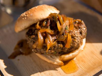 Food Network Star Finalist Russell Jackson's entree for the Star Challenge "Burger Bash": Westwood Retro Burger with beef and lamb burger, onion, bacon, bourbon marmalade as seen on Food Network Star, Season 9.
