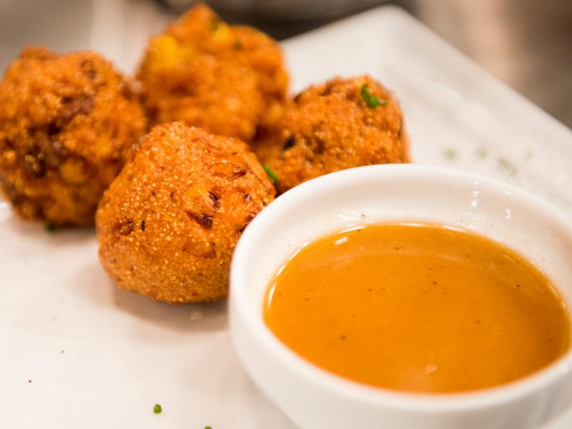 Food Network Star Finalist Chad Rosenthal's entree for the Mentor's Challenge "Mystery Bag": Grilled Salsify in Corn and Bacon Hush Puppies with Salsify Honey Buttersauce as seen on Food Network Star, Season 9.