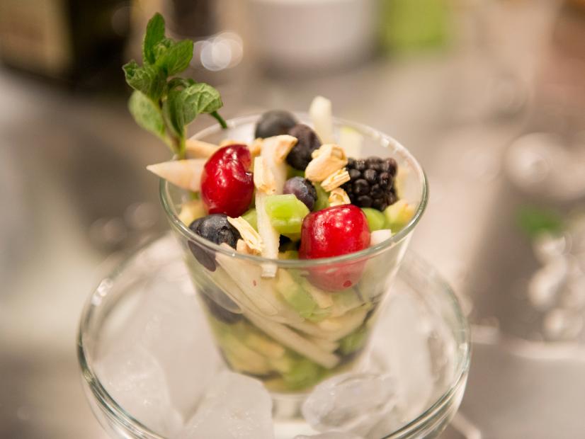 Food Network Star Finalist Rodney Henry's entree for the Mentor's Challenge "Mystery Bag": Bitter Melon Fruit Salad Gin Martini as seen on Food Network Star, Season 9.