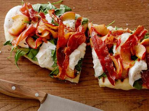 Grilled Summer Pizzette with Caramelized Peaches, Burrata, Arugula and Crispy Serrano