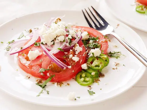 Vine-ripe Tomato Salad with Queso Fresco, Cilantro, and Serrano Recipe | Aarón Sánchez | Food Networ