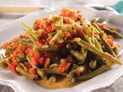 Stewed green beans and tomatoes, as seen on Food Network's Trisha's Southern Kitchen.