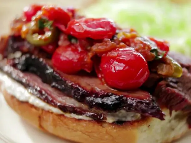 Smoked Adobo Marinated Brisket Tortas with Horseradish Crema and Caramelized Onion Tomato Relish