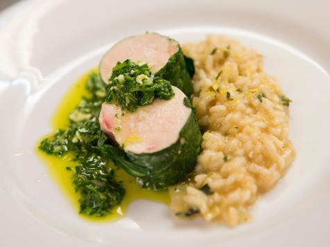 Spinach Wrapped Chicken with Lemon Risotto and Feta Cheese Salsa Verde